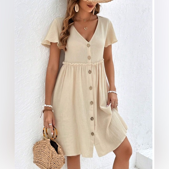 Boho Frenchy Button Front Frill Trim Smock Dress - Picture 3 of 9